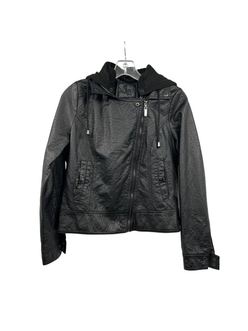 J2 Womens Faux Leather Moto Jacket Hooded Black Size Large